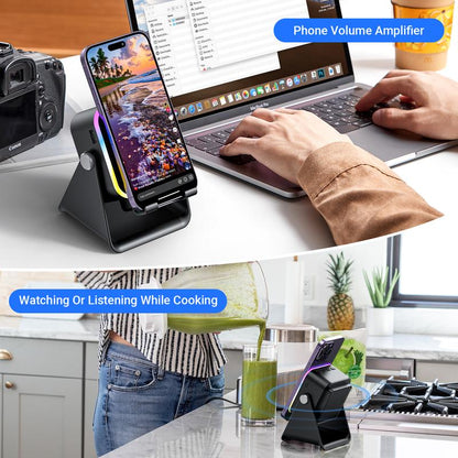 No-Bluetooth Induction Speaker Stand – 5-in-1 Phone Holder with RGB Lights & Power Bank