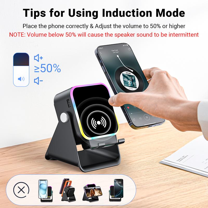 No-Bluetooth Induction Speaker Stand – 5-in-1 Phone Holder with RGB Lights & Power Bank
