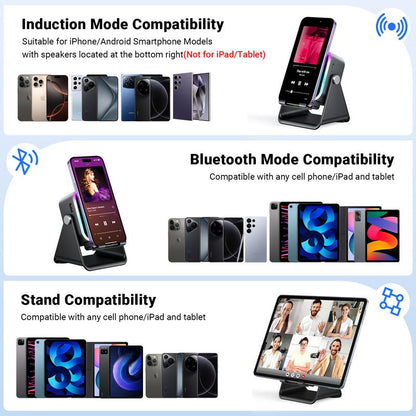 No-Bluetooth Induction Speaker Stand – 5-in-1 Phone Holder with RGB Lights & Power Bank